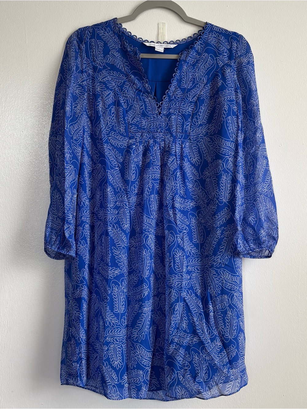 Diane von Furstenberg Aria Blue White Floral 100% Silk Tunic Dress 2